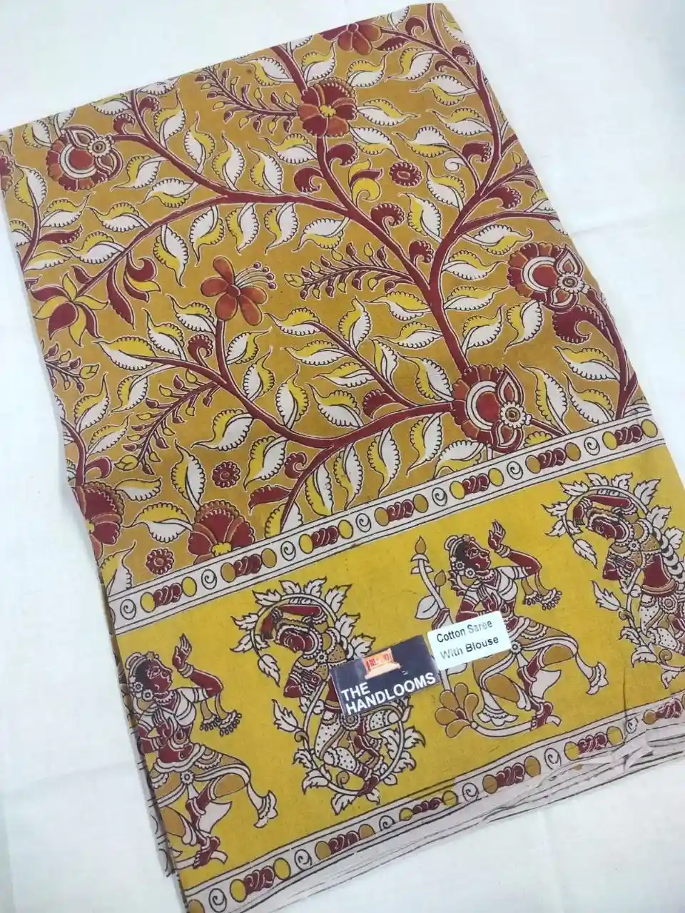 Golden Tree Warrior Kalamkari Pure Handloom Cotton Saree